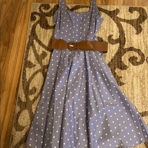 blue poka dot dress with belt